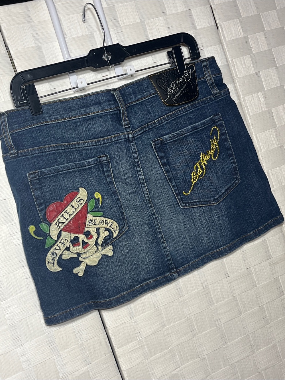 Ed Hardy Blue Denim Mini Skirt Love Kills Slowly Red Heart Skull Embroidery